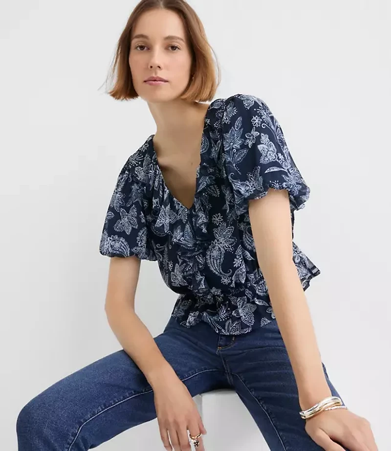 Petite Paisley Ruffle V-Neck Blouse