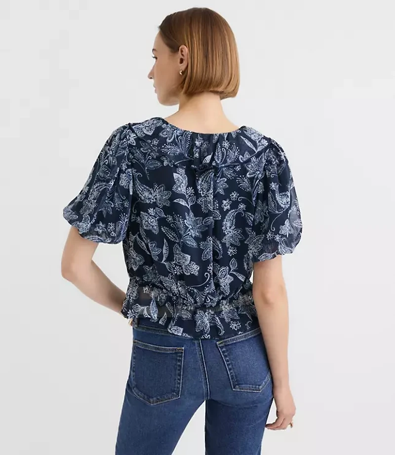 Petite Paisley Ruffle V-Neck Blouse