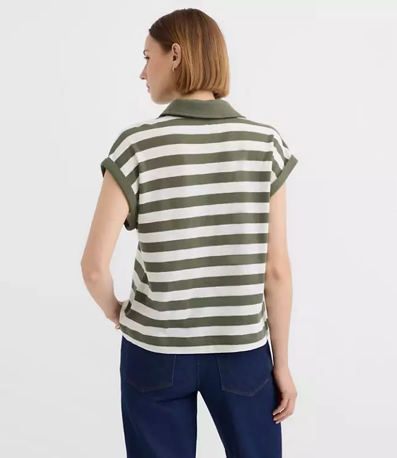 Petite Stripe Collared Split Neck Top