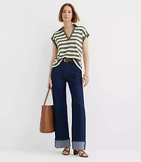 Petite Stripe Collared Split Neck Top