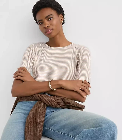 Petite Stripe Perfect Ribbed Elbow Sleeve Tee