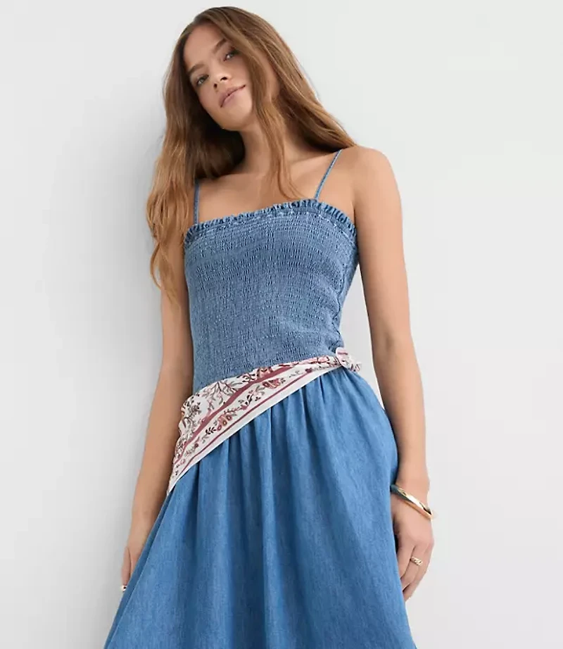 Chambray Smocked Strappy Midi Pocket Dress