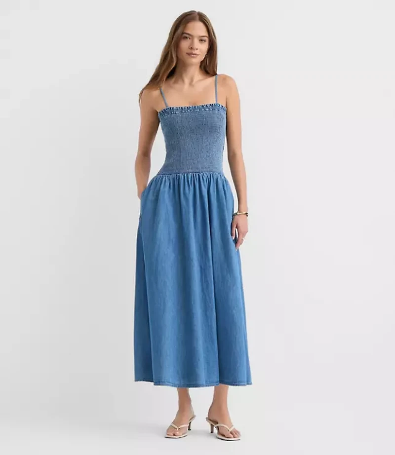 Chambray Smocked Strappy Midi Pocket Dress