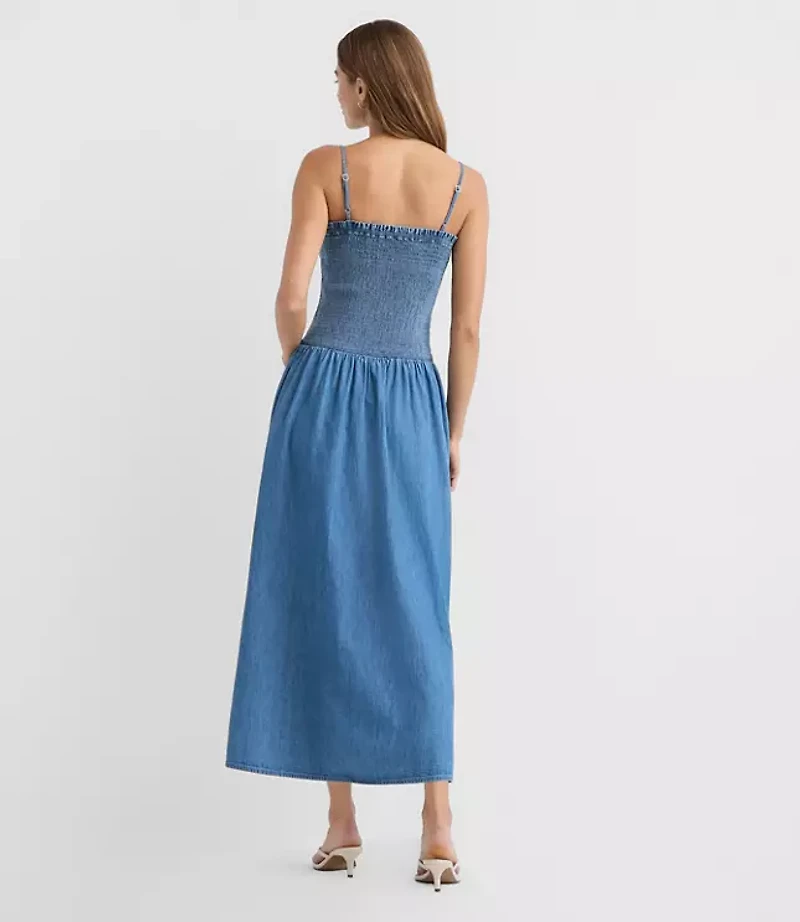 Chambray Smocked Strappy Midi Pocket Dress