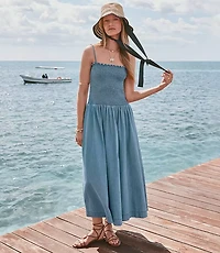 Chambray Smocked Strappy Midi Pocket Dress