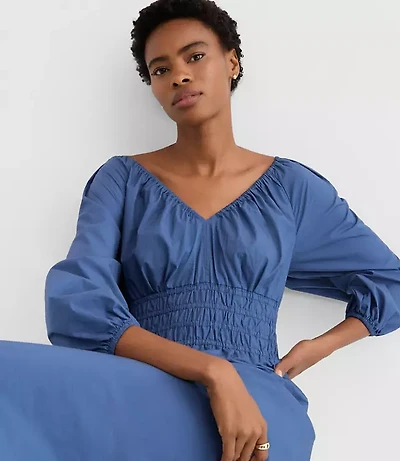 Petite Poplin Smocked Midi Pocket Dress