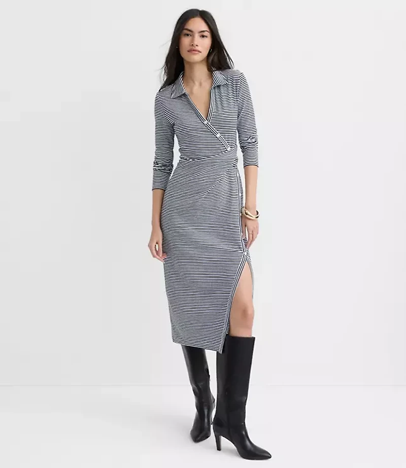 Petite Striped Button Twist Midi Dress