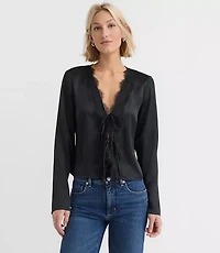 Petite Lace Trim Satin Bow Blouse