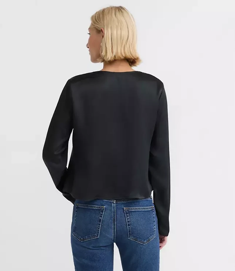 Petite Lace Trim Satin Bow Blouse