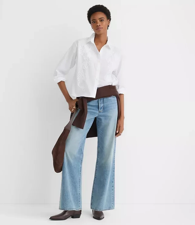 Petite Floral Embroidered Poplin Everyday Abbreviated Shirt