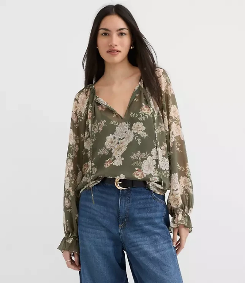 Floral Ruffle Cuff Tie Neck Blouse