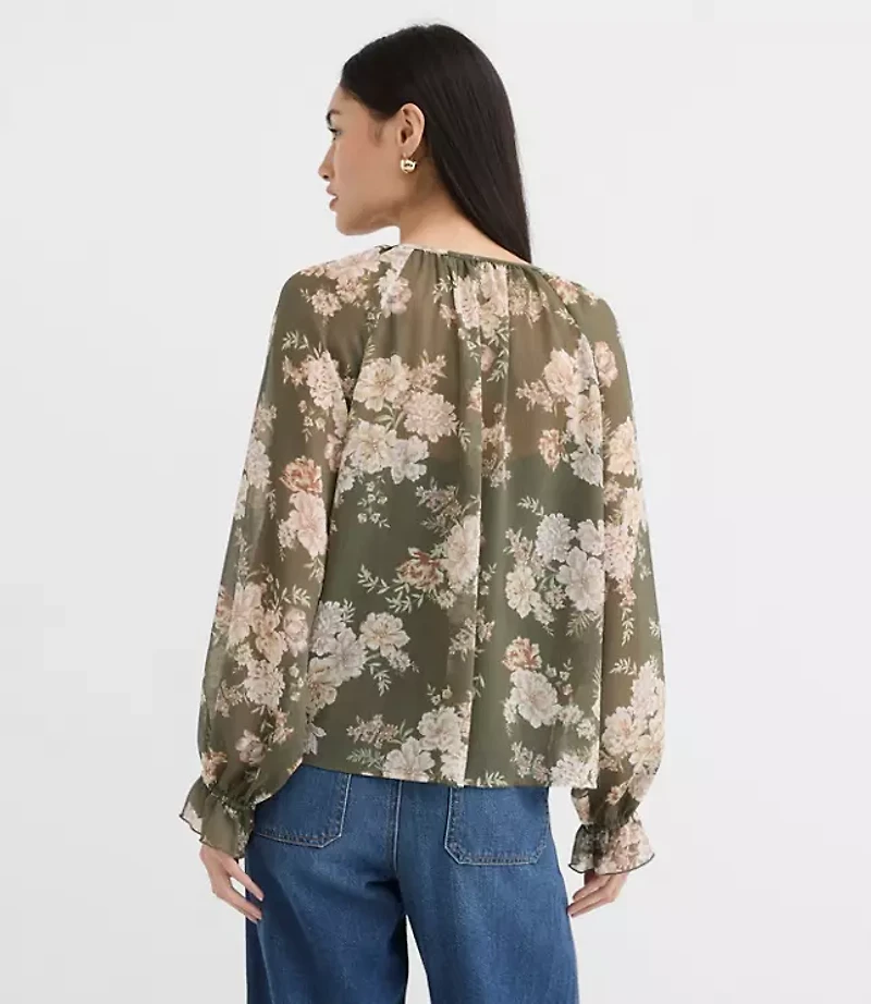 Floral Ruffle Cuff Tie Neck Blouse