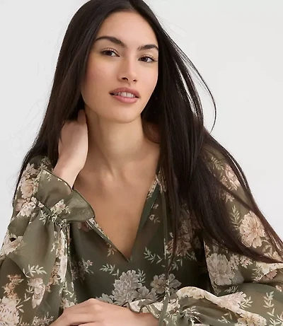 Floral Ruffle Cuff Tie Neck Blouse