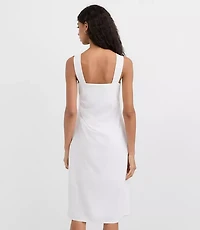 Ruched Linen Cotton Square Neck Midi Dress