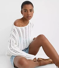 Petite LOFT Beach Striped Open Stitch Boatneck Sweater