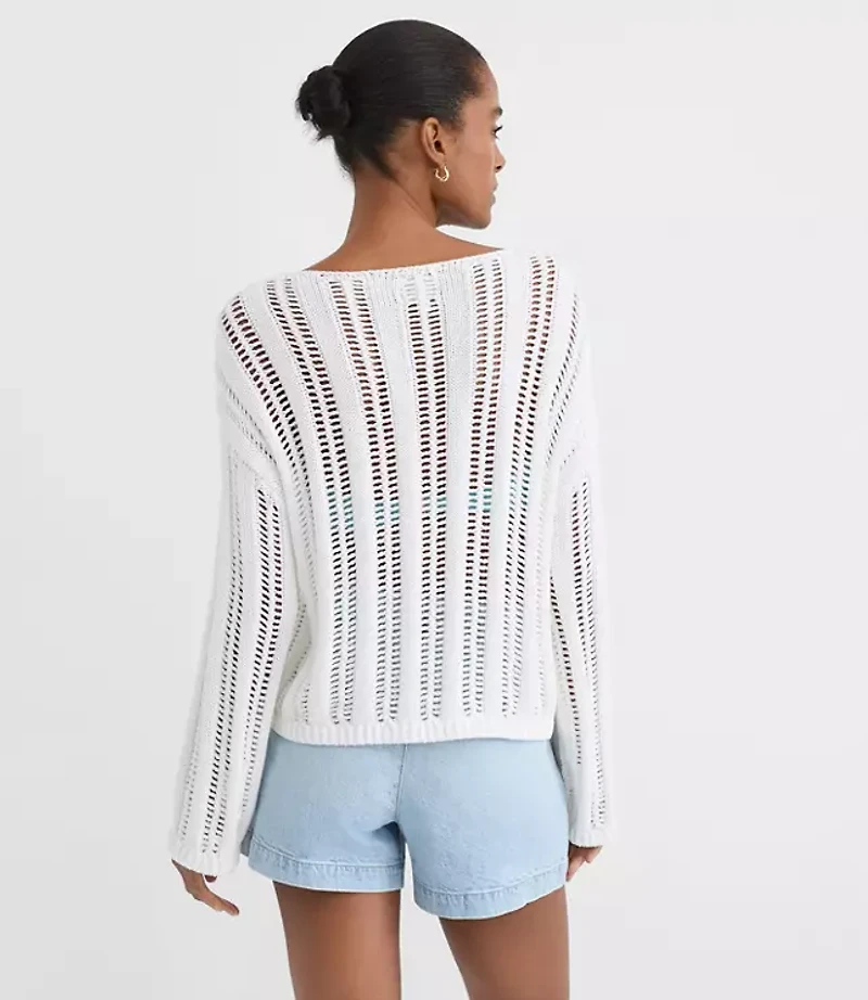 Petite LOFT Beach Striped Open Stitch Boatneck Sweater