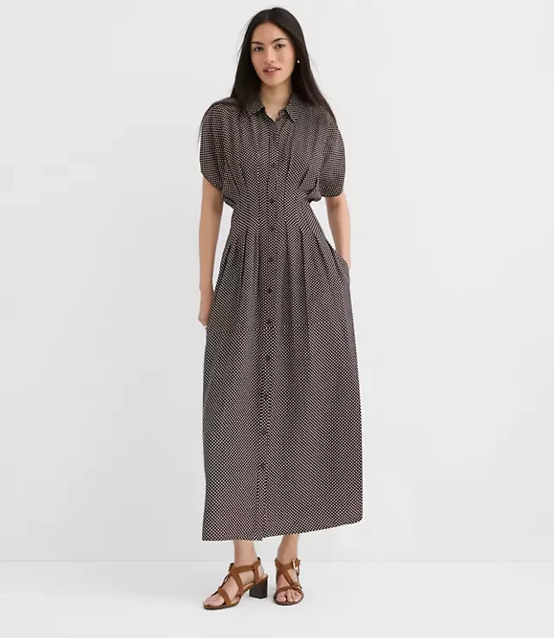 Pindot Pleated Midi Pocket Shirtdress