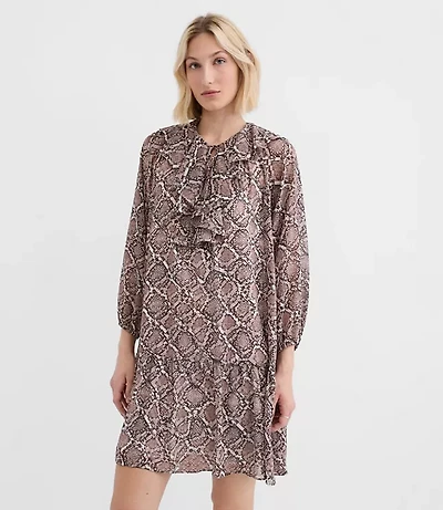 Snake Print Ruffle Tie Neck Mini Dress