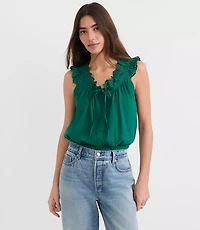 Petite Eyelet Ruffle Tie Neck Button Top