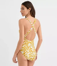 LOFT Beach Palm Ruched Crossback One Piece Swimsuit