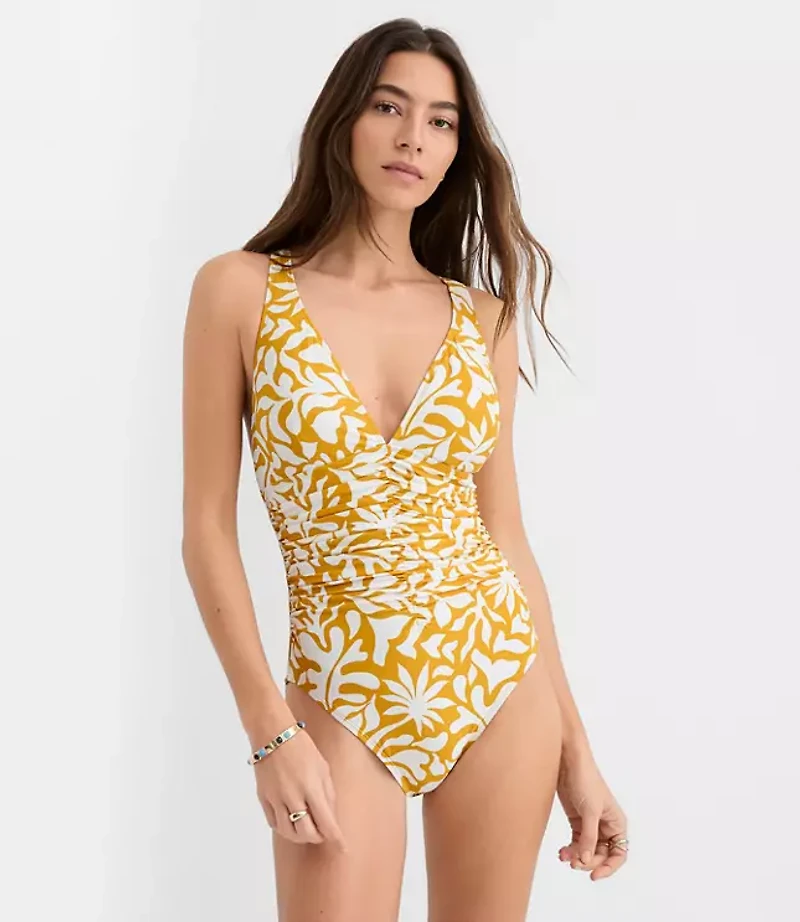 LOFT Beach Palm Ruched Crossback One Piece Swimsuit