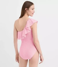LOFT Beach Striped Seersucker Ruffle One Shoulder Piece Swimsuit