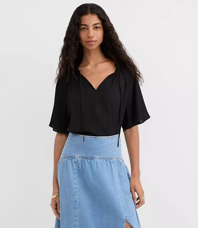 Shirred Ruffle Tie Neck Blouse