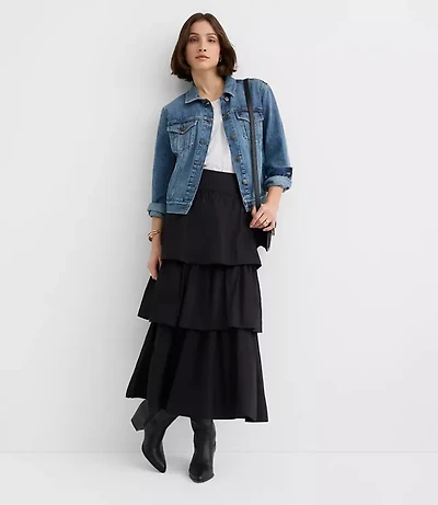 Petite Yoke Poplin Ruffle Tiered Midi Skirt