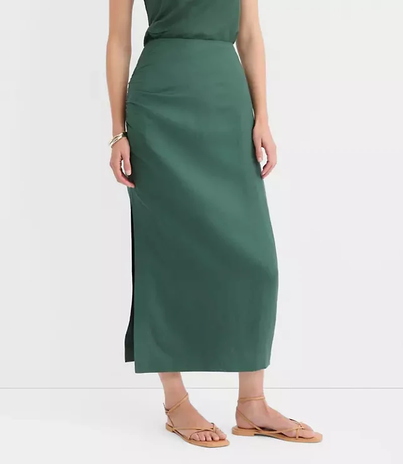 Petite Ruched Linen Blend Midi Skirt