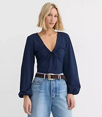 Petite Cinched Tie Neck Top