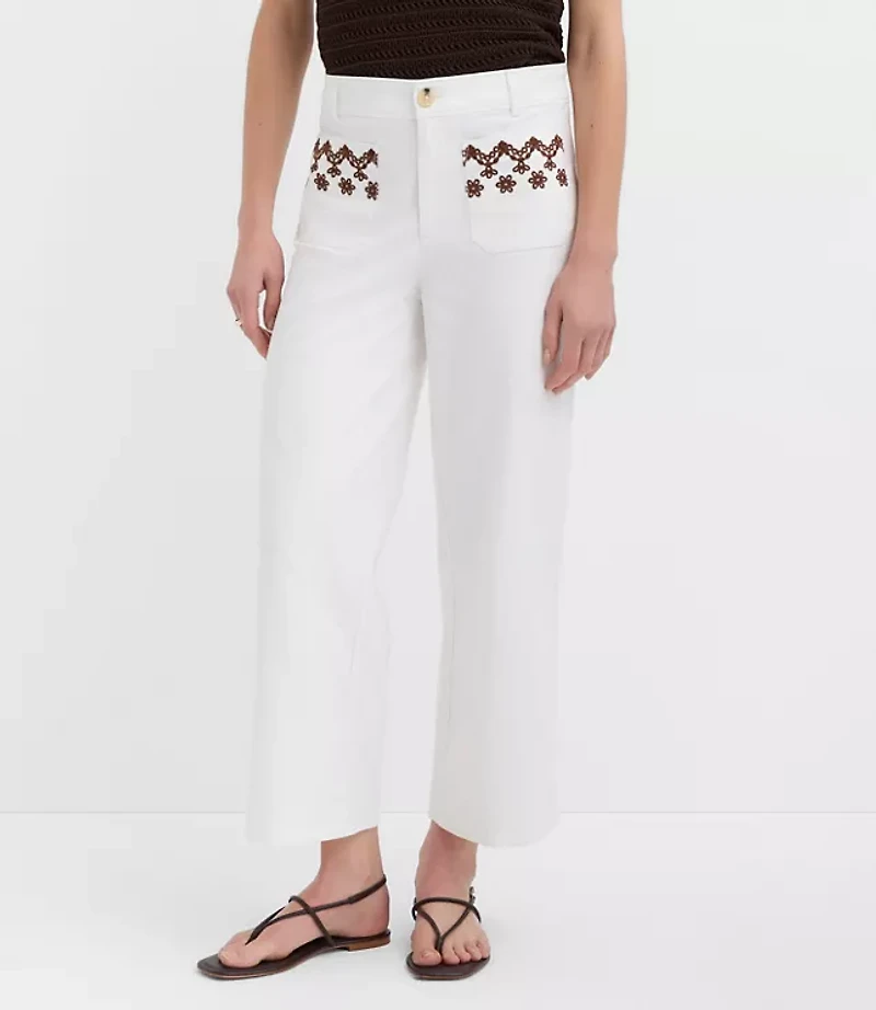 Palmer Wide Leg Crop Pants Embroidered Twill