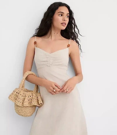 LOFT Beach Beaded Ruched Linen Cotton Maxi Dress