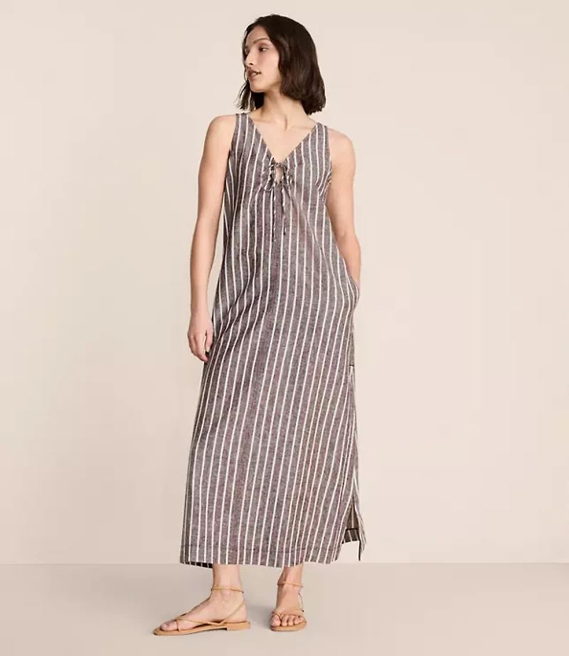 Lou & Grey Striped Linen Cotton Tie Keyhole Maxi Pocket Dress