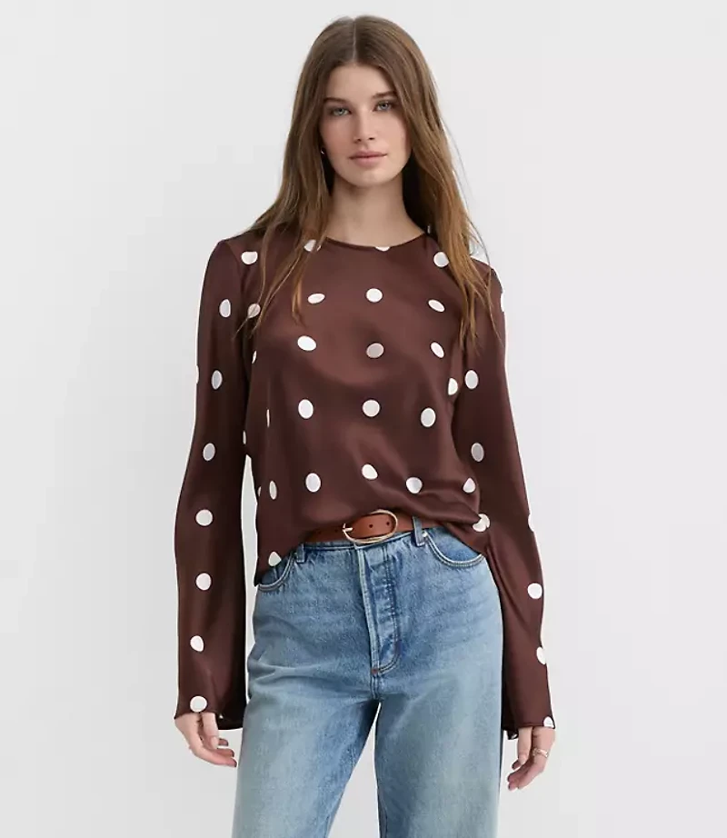 Dotted Satin Bell Sleeve Top