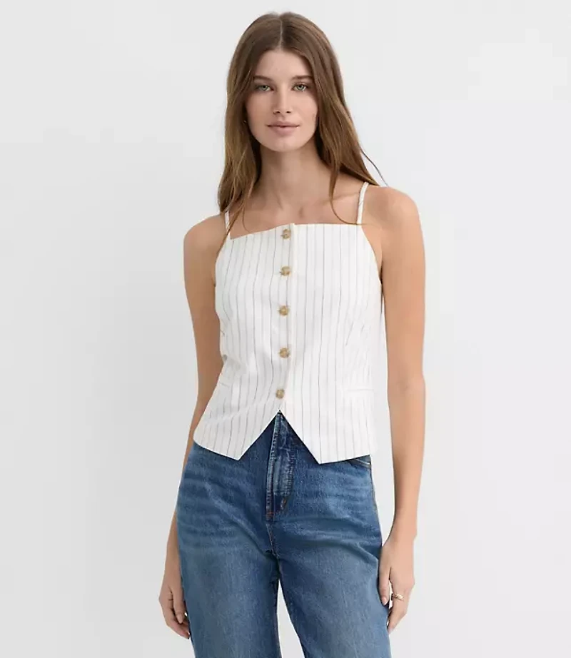 Petite Pinstripe Cotton Linen Strappy Vest Top