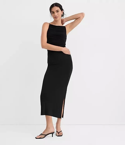 Petite Ruched Apron Neck Midi Dress