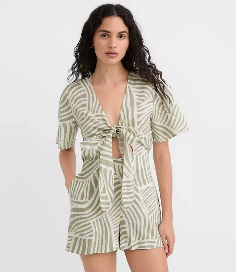 LOFT Beach Wave Tie Front Linen Cotton Romper