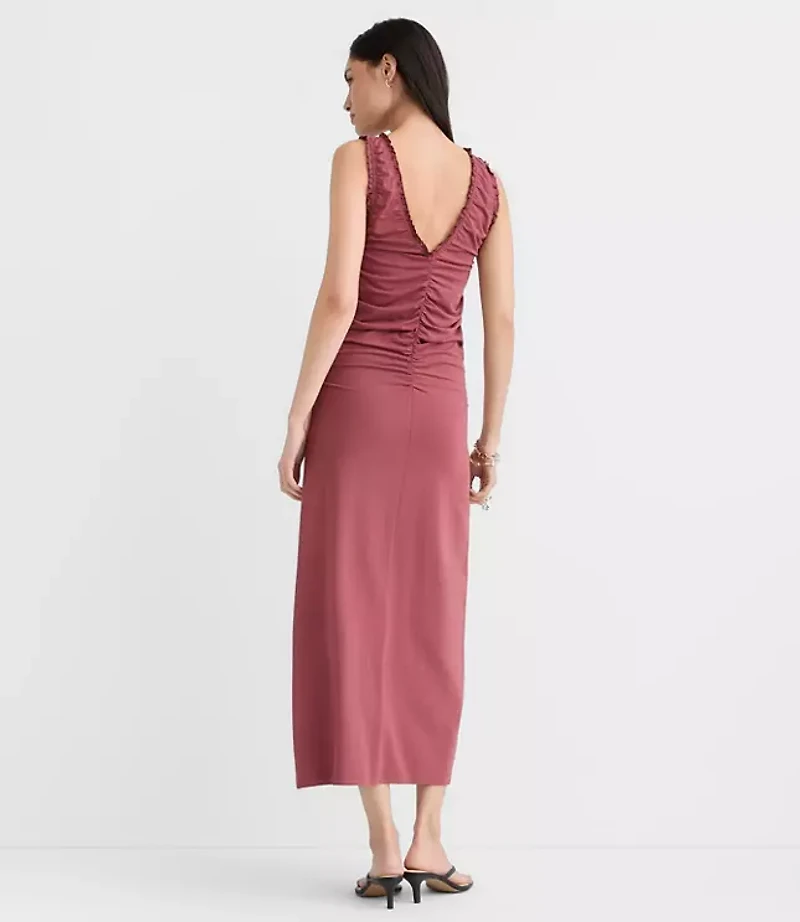 Petite Ruffle Double V Ruched Midi Dress