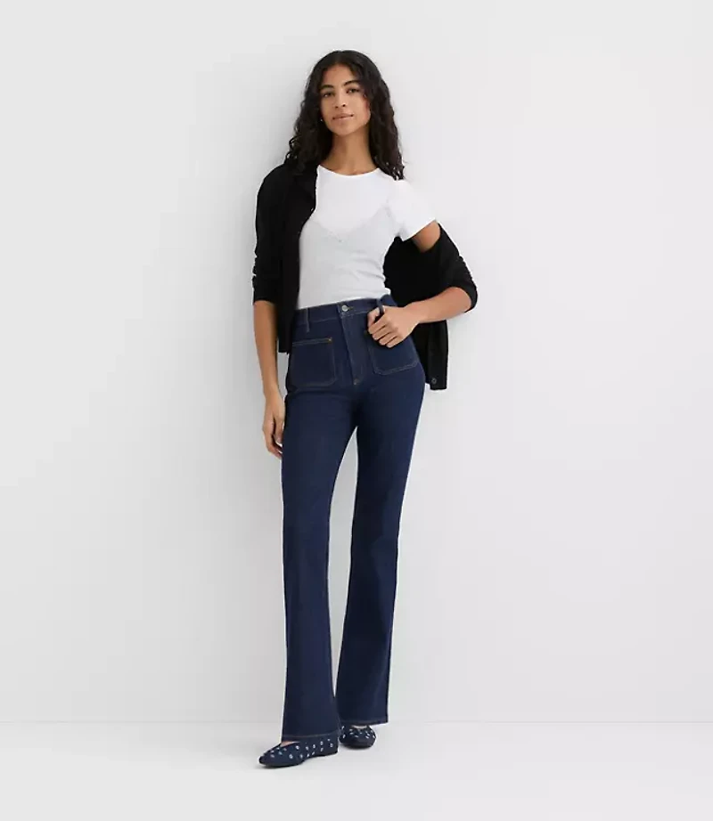 Rivete Short Patch Pocket High Rise Slim Flare Jeans Classic Rinse Wash