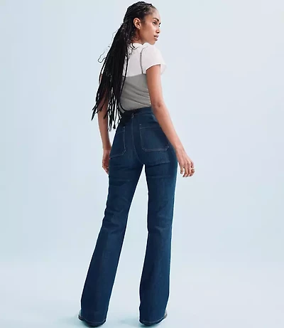 Rivete Short Patch Pocket High Rise Slim Flare Jeans Classic Rinse Wash