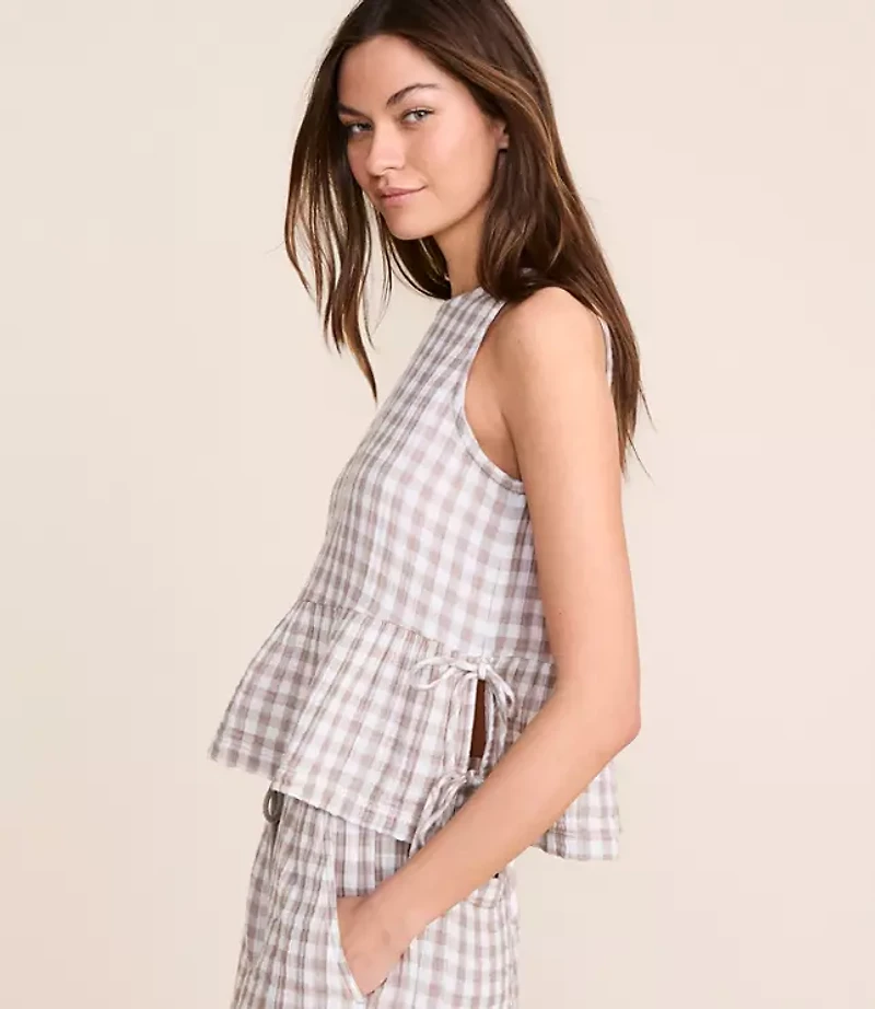 Petite Lou & Grey Checkered Triple Cloth Side Tie Peplum Top