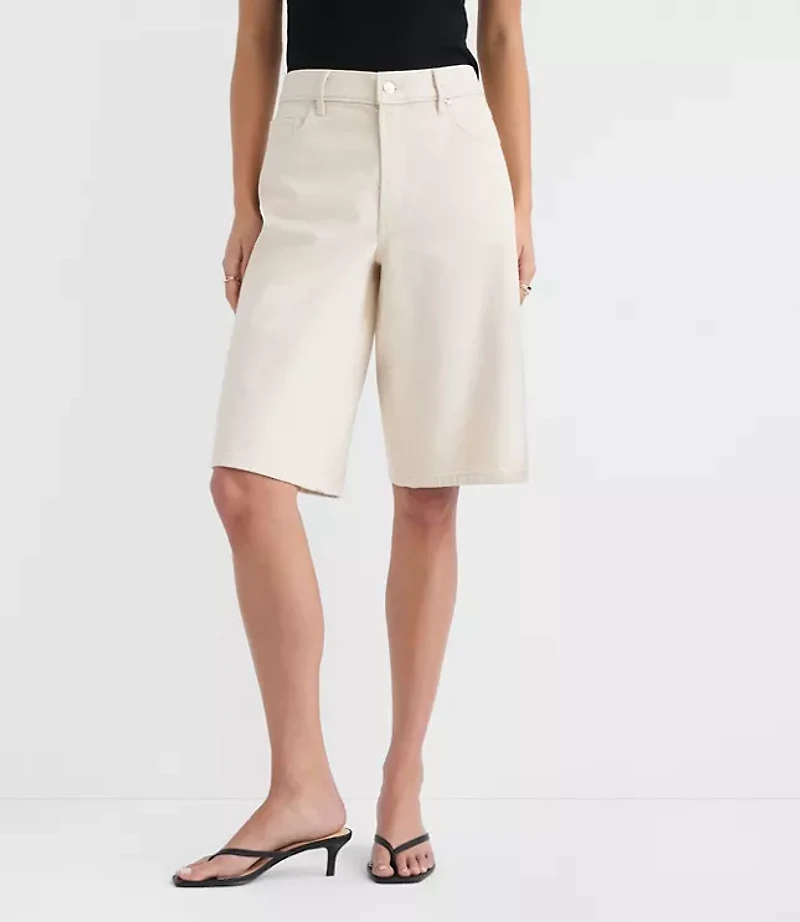 Rivete Petite High Rise Denim Bermuda Shorts Ivory