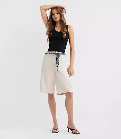 Rivete Petite High Rise Denim Bermuda Shorts Ivory