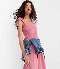 Petite Gingham Smocked Cap Sleeve Midi Pocket Dress