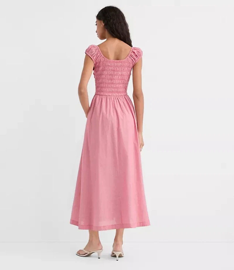 Petite Gingham Smocked Cap Sleeve Midi Pocket Dress