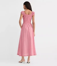 Petite Gingham Smocked Cap Sleeve Midi Pocket Dress