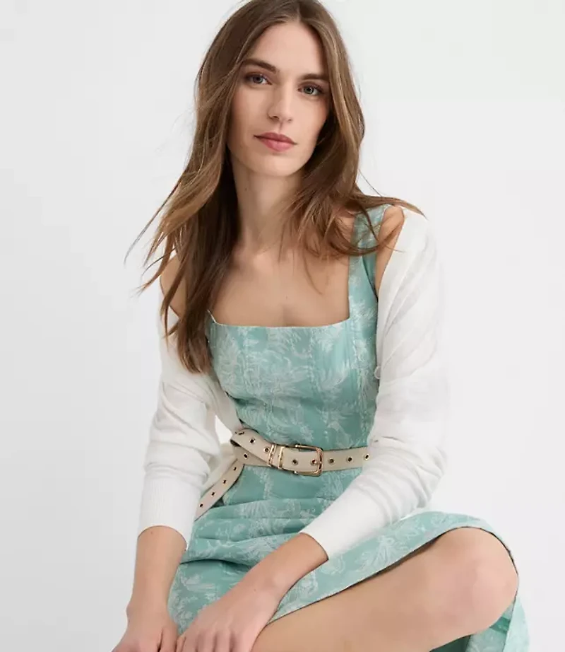 Petite Floral Toile Linen Cotton Seamed Midi Pocket Dress