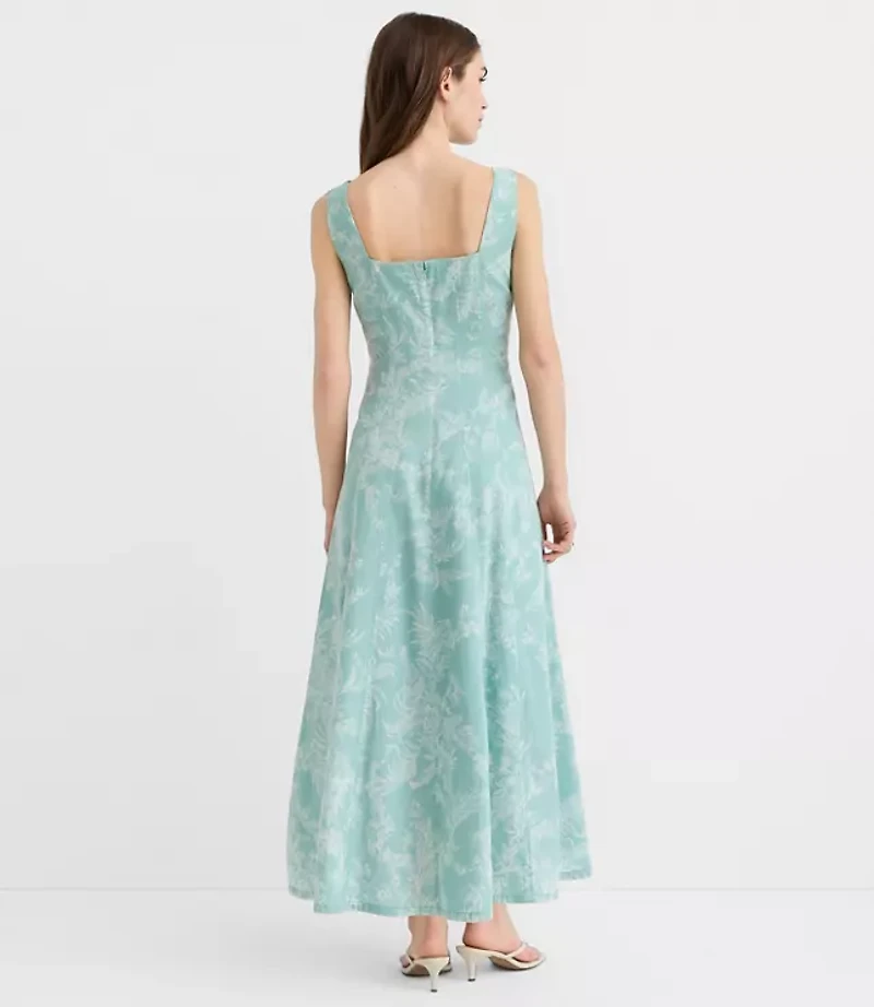 Petite Floral Toile Linen Cotton Seamed Midi Pocket Dress