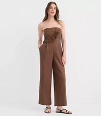Petite Ruffled Ruched Linen Cotton Strapless Jumpsuit