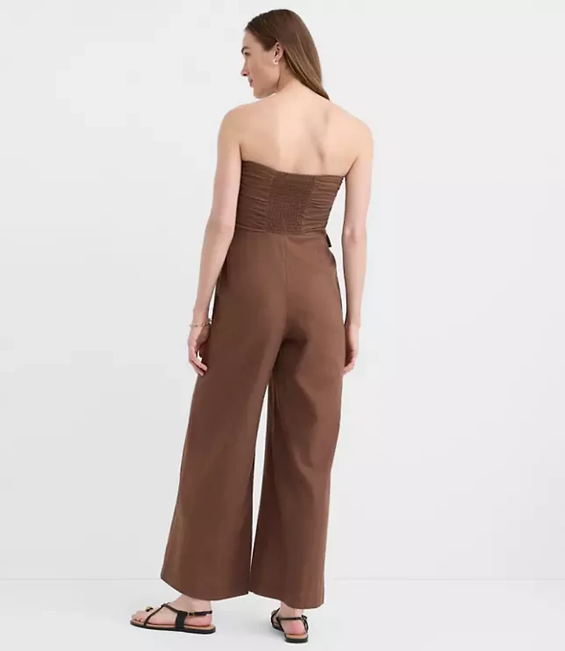 Petite Ruffled Ruched Linen Cotton Strapless Jumpsuit